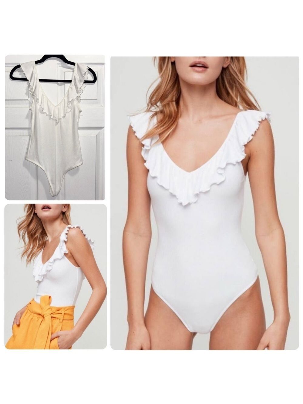 Aritzia Wilfred Danette Ruffled White Bodysuit Double V-neckline Ribbed Medium